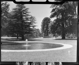 Fountain in the Botanic Gardens, Christchurch, including a view of Christs College in the background