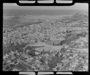 View from Roslyn to Dunedin City, showing residential housing, Roberts Park and Littlebourne Grounds with Otago Boy's High School, harbour and Saint Clair Beach beyond