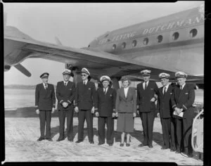 Annual Whenuapai KLM DC6 aircraft, including crew standing alongside aircraft