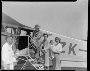 National Airways passengers boarding aircraft, Whenuapai, Waitakere City, Auckland