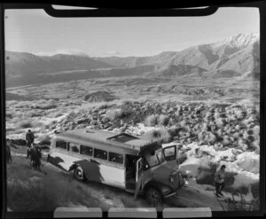 Ski tow bus with view towards Coronet Peak, Otago