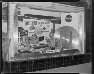 Display window for John Burns and Company Limited, with saws