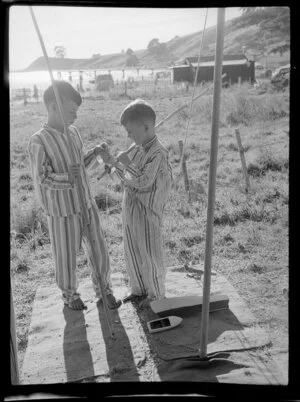 Two unidentified boys at Maraetai Camping Grounds, Auckland