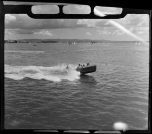 Auckland Regatta, including a speedboat and yachts on Auckland Harbour