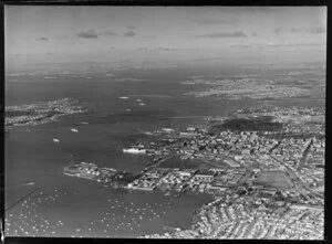 Auckland wharf area with shipping, Waitemata Harbour