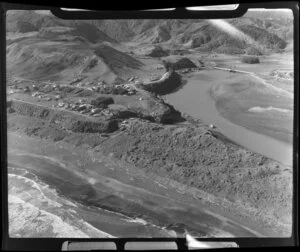Coastal settlement of Mokau, Waitomo District, Waikato Region, including river