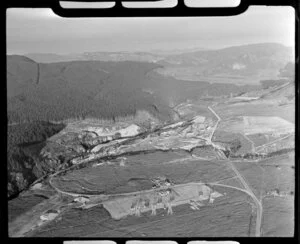 Whakamaru hydro-electric power station under constuction, Waikato Region, including pine forest