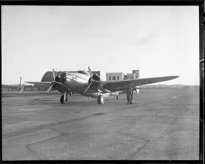 New Zealand National Airways Corporation (N A C) Lodestar ZK-ANA aircraft on runway, location unidentified