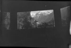 View from church altar window, looking towards Franz Josef Glacier, Westland District