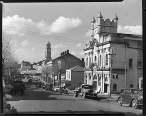 Greys Avenue looking toward the Town Hall, with the Salvation Army Citadel in the forefront, Auckland