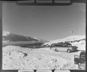 Mt Cook and Southern Lakes Tourist Company coach arriving at Coronet Peak, Otago