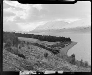 View looking down on a small peninsula at Lake Ohau, Waitaki County