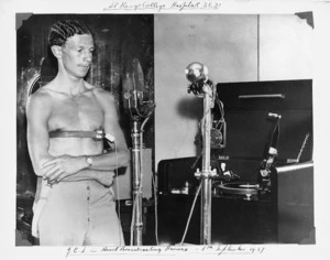 Photograph of Jack Lovelock having his heartrate broadcast on the BBC National and Empire programme