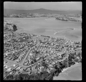 Northcote, North Shore, Auckland, showing Shoal Bay and Rangitoto Island in the distance