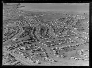 View of new housing development Glen Innes, Auckland City, showing Stewart Avenue and Tripoli Road, with Point England Road Reserve and estuary beyond