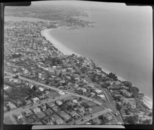 Takapuna, Auckland, showing beach, houses and roads