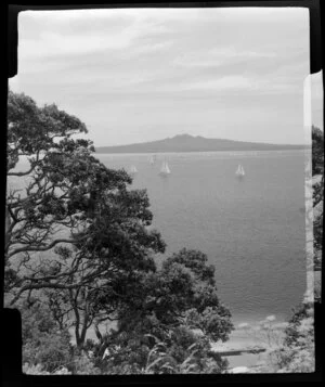 Rangitoto Island, Auckland from Bastion Point, showing boats
