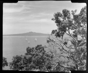 Rangitoto Island, Auckland from Bastion Point, showing boats