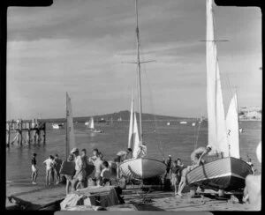 Yachting at Okahu Bay, Auckland, competitors preparing their yachts