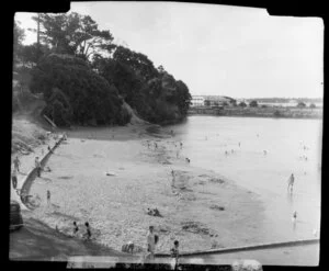 Judges Bay, Parnell, Auckland, showing people swimming and on the beach