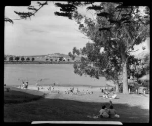 Judges Bay, Parnell, Auckland, showing people near beach and Rangitoto Island in the far distance