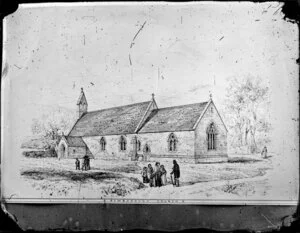 Ink drawing depicting the exterior of Newborough Church, United Kingdom, by an unidentified artist