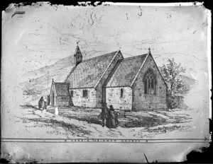 Pen and ink drawing, by an unidentified artist, depicting the exterior of Cerrig-Ceinwin Church, Anglesey, Wales, United Kingdom