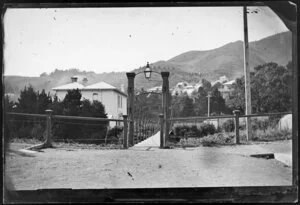Hobson Street, Thorndon, Wellington, featuring swing bridge, and showing houses in Tinakori