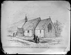 Pen and ink drawing by an unidentified artist, depicting the exterior of Cerrig-Ceinwin Church, Anglesey, Wales, United Kingdom