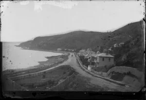 Oriental Bay, Wellington, including houses on the parade, and fenced area at bottom of Oriental Terrace