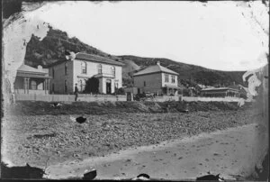 Houses, Oriental Bay, Wellington, including a horse and carriage parked on footpath