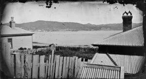 A view across a fenced yard and house roofs, to Oriental Bay, Wellington, with Thorndon in distance across harbour