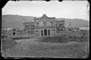 Supreme Court building, Stout Street, Wellington, including buildings on Lambton Quay and Government House