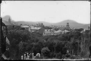 View from [Bolton Street?] cemetery of Thorndon, Wellington, including Parliament Buildings and Government House