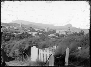 View from [Bolton Street?] cemetery of Thorndon, Wellington, showing Government House, Parliament Buildings with construction site, St Mary's Catholic Church and houses