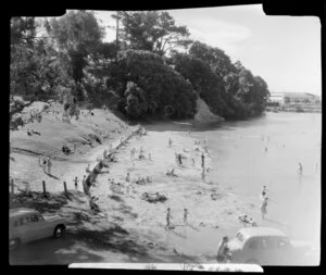 Beach scene, including bathers, Judges Bay, Auckland
