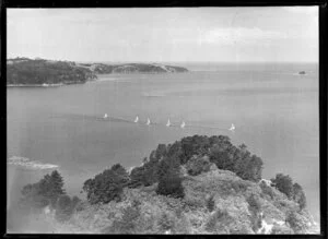 Yacht race, Hauraki Gulf, Auckland Region, with Kawau Island in the foreground