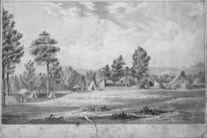 Light, William, 1786-1839 :View of the country and of the temporary erections near Adelaide. Drawn by Colonel Wm Light. On zinc by G. F. Bragg. Printed by C. Chabot, 7 Thavies Inn [Holborn, London] [Between 1837 and 1839]