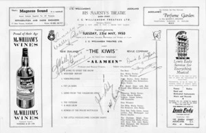 J C Williamson Theatres Ltd present The Kiwis Revue Company, the original Middle-East Kiwi Concert Party. His Majesty's Auckland. [Season commencing Tuesday 23rd May, 1950. Programme centre spread].