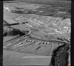 Kawerau, Bay of Plenty, Tasman Pulp and Paper Mill, showing a new housing estate and new houses under construction