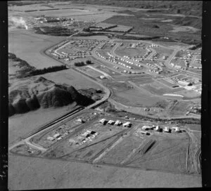 Kawerau, Bay of Plenty, Tasman Pulp Paper Mill, showing a new housing estate and new houses under construction