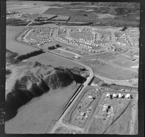 Kawerau, Bay of Plenty, Tasman Pulp and Paper Mill, showing a new housing estate and new houses under construction