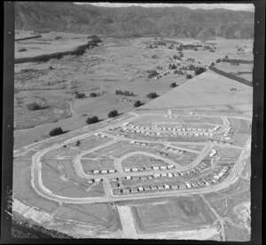 Murupara, Whakatane District, Bay of Plenty, showing newly developed housing subdivision with Pine Drive and Oregon Drive, with open valley and hills beyond