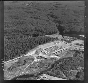 Murupara, Whakatane District, Bay of Plenty, showing newly developed housing subdivision between river and pine plantation