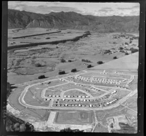 Murupara, Whakatane District, Bay of Plenty, showing newly developed housing subdivision with Pine Drive and Oregon Drive, with open valley and hills beyond