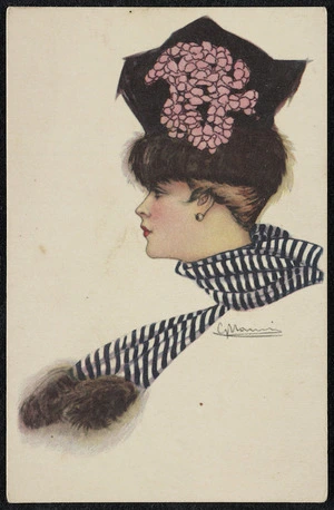 Proprietà artistica riservata no. 165-4. Produzione Italiana [Profile of woman in hat and striped scarf. Postcard. ca 1915-1925?]