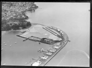 Westhaven, Auckland, showing site preparation for new harbour bridge with Westhaven Marina and Sarsfield Street