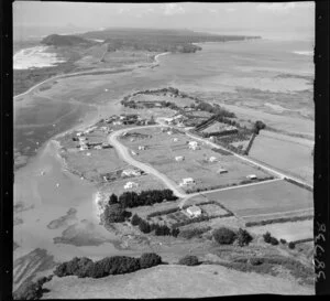 Bowentown, Tauranga, Bay of Plenty, showing view of a peninsula with tidal flats, with housing along Waione Avenue and Athenree Road and Roretana Drive, with view out to Bowentown Heads and northern entrance to Tauranga Harbour