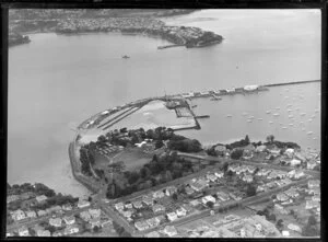 Westhaven, Auckland, showing site preparation for new harbour bridge with Westhaven Marina, looking to Little Shoal Bay and Northcote Peninsula