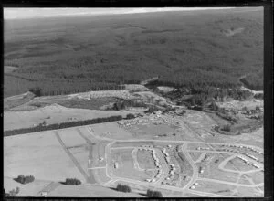 Murupara, Whakatane District, Bay of Plenty, showing newly developed housing subdivision with Pine Drive and Oregon Drive, mill workers cabins beside State Highway 38 and pine plantation beyond